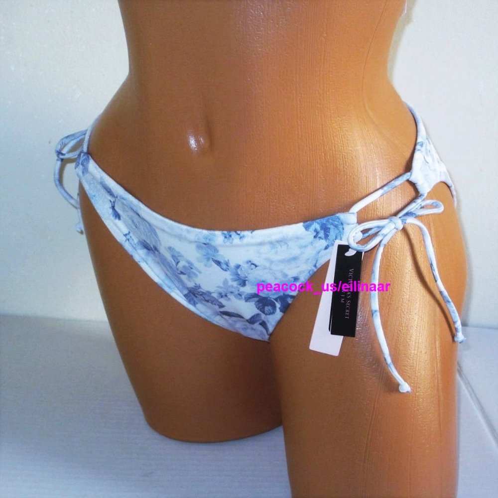 VICTORIA SECRET Swim Side Tie String Bikini Bottom Extra-Large White Blue Floral